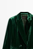 Massimo Dutti Yeşil Kruvaze Düğmeli Kadife Blazer