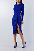 Secret Passion Lingerie Eteği Volan Yırtmaç Detaylı Esnek Krep Kumaş Mavi Midi Boy Abiye Elbise Düğün Elbisesi 581841 630
