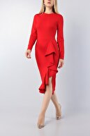 Secret Passion Lingerie Eteği Volan Yırtmaç Detay Esnek Krep Kumaş Kırmızı Midi Boy Abiye Elbise Düğün Elbisesi 581841 630