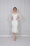 giyimmasalı Üst Güpür Alt Scuba Eteği Volanlı Elbise - Beyaz