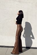 İksora Kadın Taba Yüksek Bel Ispanyol Paça Suni Deri Pantolon
