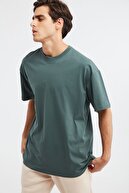 GRIMELANGE Jett Erkek Koyu Yeşil Düz Renk Bisiklet Yaka Oversize T-shirt