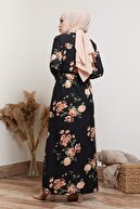 MODAEFA Kadın Siyah Çiçek Desenli Tesettür Elbise