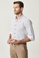 Altınyıldız Classics Erkek Beyaz-Kahverengi Baskılı Düğmeli Yaka Tailored Slim Fit Gömlek