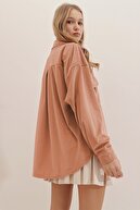Trend Alaçatı Stili Kadın Somon Kadife Pamuklu Çift Cep Oversize Ceket Gömlek. ALC-690-001