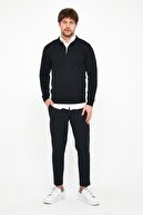 MRS CLOTHING Erkek Siyah Slim Fit Kalıp Polo Yaka Fermuarlı Nakış Detaylı Yünlü Triko Kazak