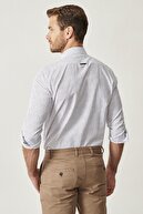 Altınyıldız Classics Erkek Beyaz-Kahverengi Baskılı Düğmeli Yaka Tailored Slim Fit Gömlek