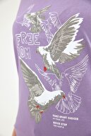 Fullamoda Kadın Lila Simli Kuş Baskılı Tshirt