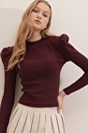 Trend Alaçatı Stili Kadın Bordo Prenses Kol Yarım Balıkçı Şardonlu Crop Bluz ALC-X5042