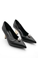 Marjin Kadın Ayna Ökçe İncili Stiletto Topuklu Ayakkabı Nolec Siyah
