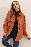 Trend Alaçatı Stili Kadın Koyu Hardal Kadife Pamuklu Çift Cep Oversize Ceket Gömlek ALC-690-001