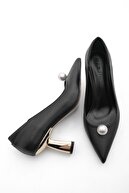 Marjin Kadın Ayna Ökçe İncili Stiletto Topuklu Ayakkabı Nolec Siyah