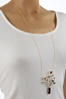 Marjin Kadın Altın Renkli Taşlı Çiçek Tasarım Uzun Zincir Kolye Altın