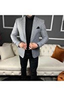 leonmen Erkek Gri Italyan Stil  Slim Fit Blazer Tek Ceket