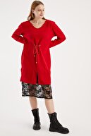 ELBİSENN Kadın Eteği Dantel Beli Bağcıklı Triko Elbise Kırmızı