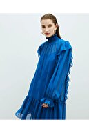 İpekyol Kadın Mavi Fırfır Şeritli Elbise