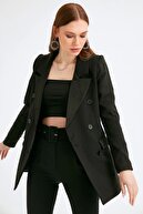 Fullamoda Kadın Siyah Düğmeli Blazer Ceket