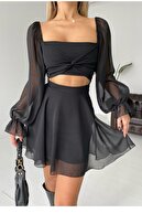 bayansepeti Etek Ve Üst Görünümlü Astarlı Şifon Kumaş Tek Parça Siyah Mini Elbise 013