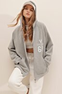 Trend Alaçatı Stili Kadın Grimelanj Kapüşonlu İçi Polarlı Oversize Baskılı 3 İplik Fermuarlı Sweatshirt Ceket ALC-X7578
