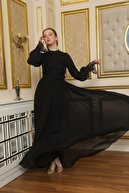 THREE'S Yaka Ve Kol Detaylı Kemerli Abiye Elbise 592 Siyah