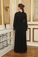 THREE'S Yaka Ve Kol Detaylı Kemerli Abiye Elbise 592 Siyah