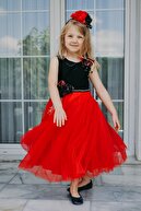 MIALORA EXCLUSIVE Kırmızı Siyah , Taç Aksesuarlı, Kız Çocuk Parti Elbisesi, Abiye Elbise