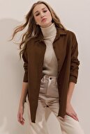 Trend Alaçatı Stili Kadın Kahve Oversize Uzun Dokuma Gömlek ALC-X6828
