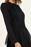 THREE'S Fırfır Detaylı Abiye Elbise 555-siyah