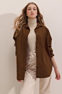 Trend Alaçatı Stili Kadın Kahve Oversize Uzun Dokuma Gömlek ALC-X6828