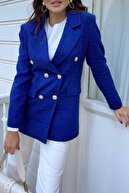 Suzi butik Kadın Gold Düğmeli Kruvaze Sax Mavi Tuvit Ceket