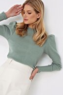 Trend Alaçatı Stili Kadın Çağla Yeşili Prenses Kol Yarım Balıkçı Kaşkorse Bluz ALC-X5042