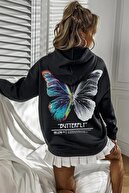 Millionaire Kadın Siyah Butterfly Oversize Kapşonlu Kanguru Sweatshirt