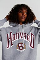 Millionaire Kadın Gri Melange Harvard Oversize Kapüşonlu Kanguru Sweatshirt