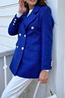 Suzi butik Kadın Gold Düğmeli Kruvaze Sax Mavi Tuvit Ceket