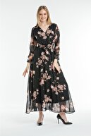 Masspera Kadın Siyah Gül Çiçek Desenli Kruvaze Yaka Kuşaklı Astarlı Şifon Elbise