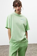 GRIMELANGE Paranoıa Kadın Yeşil Nakışlı / Işlemeli Bisiklet Yaka Oversize T-shirt