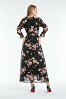 Masspera Kadın Siyah Gül Çiçek Desenli Kruvaze Yaka Kuşaklı Astarlı Şifon Elbise
