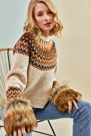 ژاکت بافتنی خز طرح دار با آستین-thumb