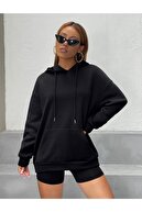 Pablo Giyim Kapüşonlu Kadın Siyah Arkası Pembe Baskılı Sweatshirt