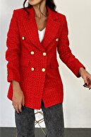 Suzi butik Kadın Gold Düğmeli Kruvaze Kırmızı Tuvit Ceket