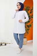 İmajButik Gizli Patlı Düğmeli Düz Tunik Gömlek/beyaz