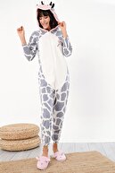 Ecrou Kadın Gri Sevimli Inek Desen Polar Tulum Pijama Takımı