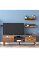 Rani Mobilya Rani A4 Duvar Raflı Tv Sehpası - Kitaplıklı Tv Ünitesi Modern Ayaklı Tasarım Minyatür Ceviz
