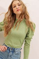 Trend Alaçatı Stili Kadın Fıstık Yeşili Prenses Kol Yarım Balıkçı Kaşkorse Bluz ALC-X5042