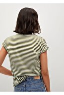 Mango Kadın Haki Pamuklu Çizgili Tişört