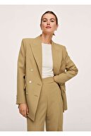 Mango Kadın Orta Kahverengi Kruvaze Yakalı Kumaş Blazer Ceket