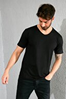 Sateen Men Erkek Siyah Kısa Kol V Yaka T-Shirt