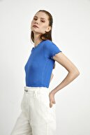 adL Kadın Mavi Kısa Kollu Fırfırlı Örme Bluz