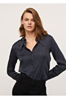 Mango Kadın Siyah Düğmesiz Açık Yakalı Gömlek