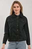 Gaydalı Giyim Kadın Siyah Yakası Ve Içi Kürklü Dik Yaka Denim Jean Kot Ceket